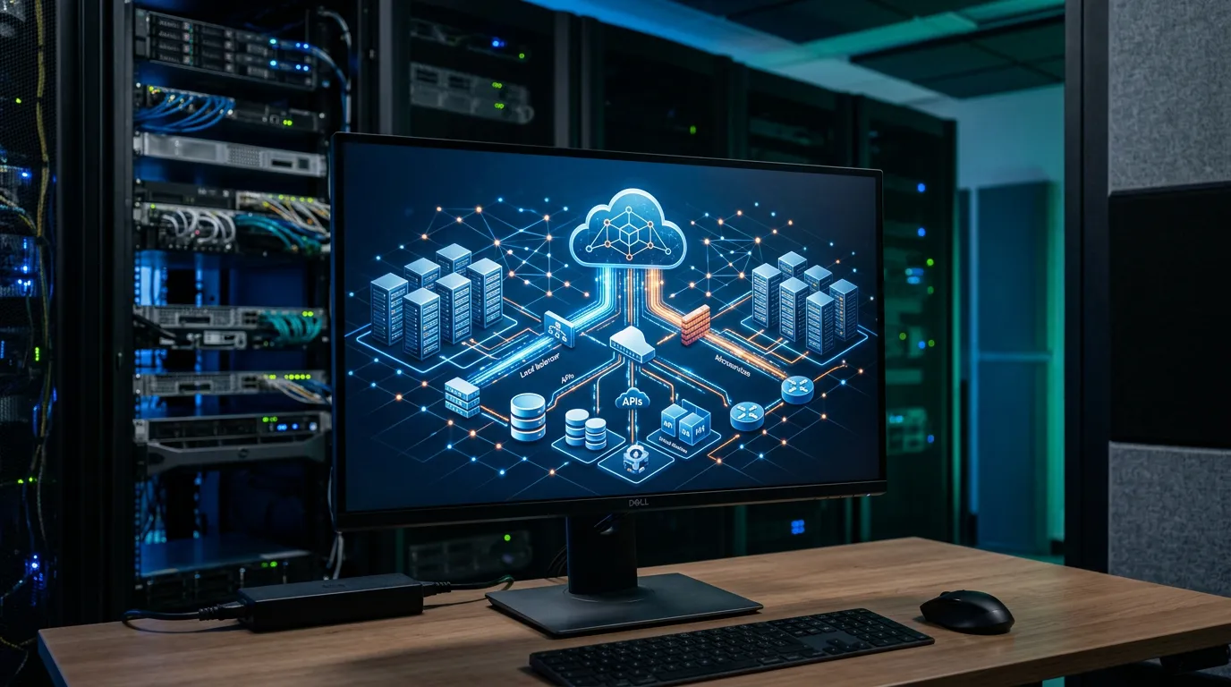 Cloud computing visualization with network nodes, server architecture diagram displayed on monitor, data streams and cloud storage icons, digital infrastructure