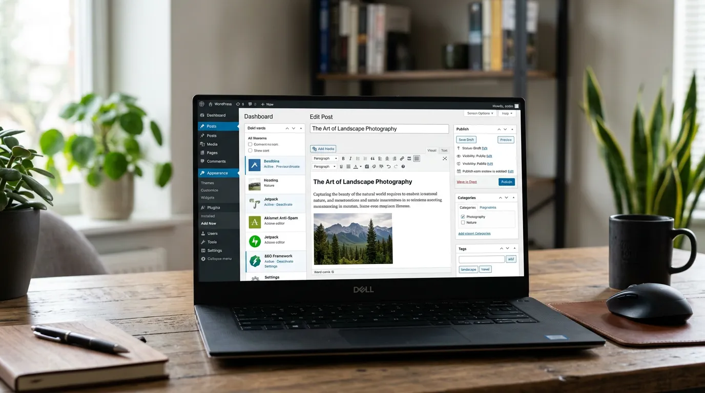 WordPress dashboard and CMS interface on computer screen showing blog editor, plugin management, theme customization, admin panel, photorealistic, professional, no people, no text overlays