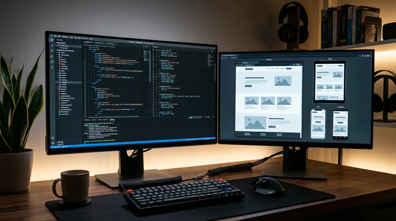 Website code and HTML markup displayed on computer screen, browser window showing responsive design on different devices, modern development environment, photorealistic, professional, no people, no te